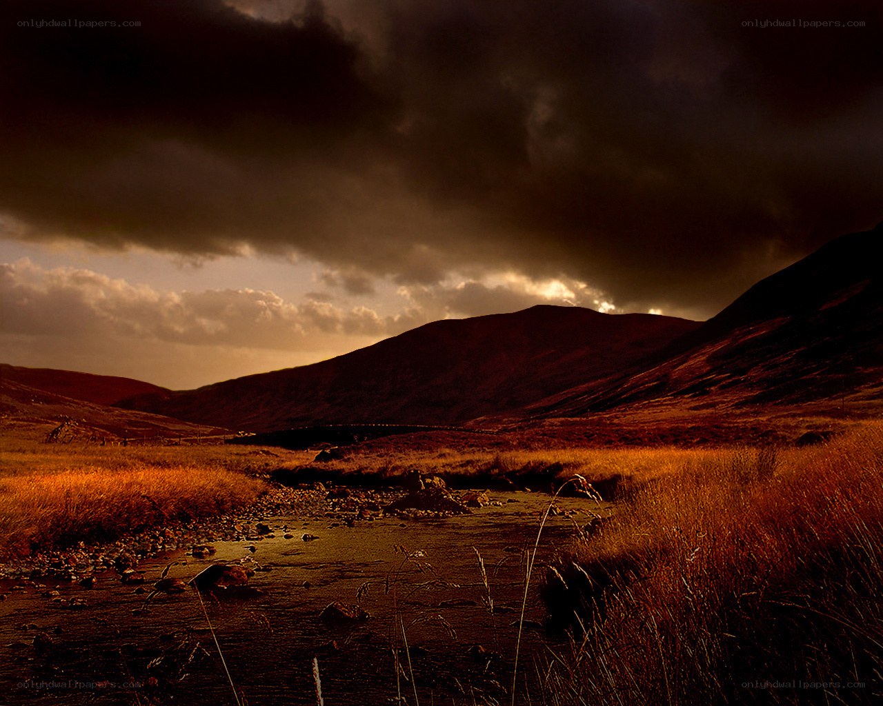 Dramatic mountain valley at dusk
