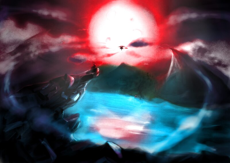 dramatic red sky over glowing lake