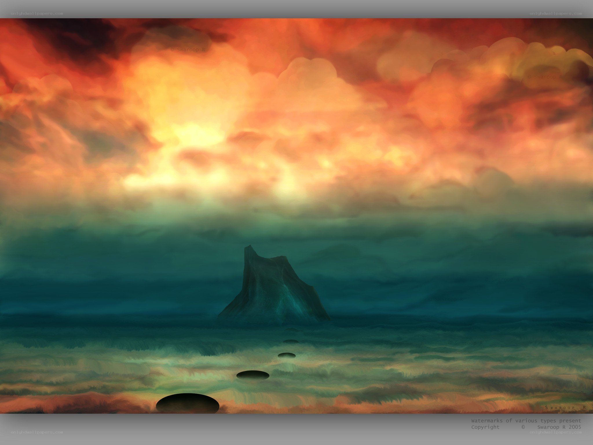 Dramatic sky over a lone rock