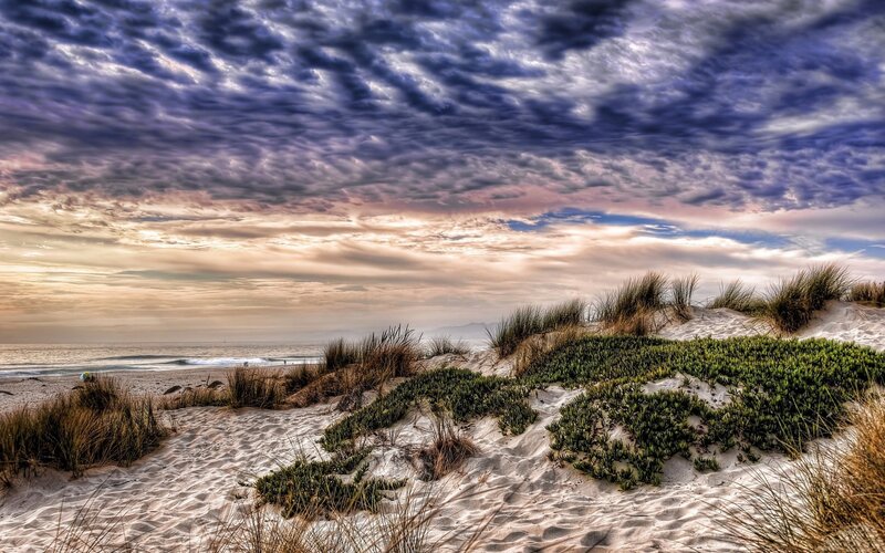 dramatic sky over beach dunes