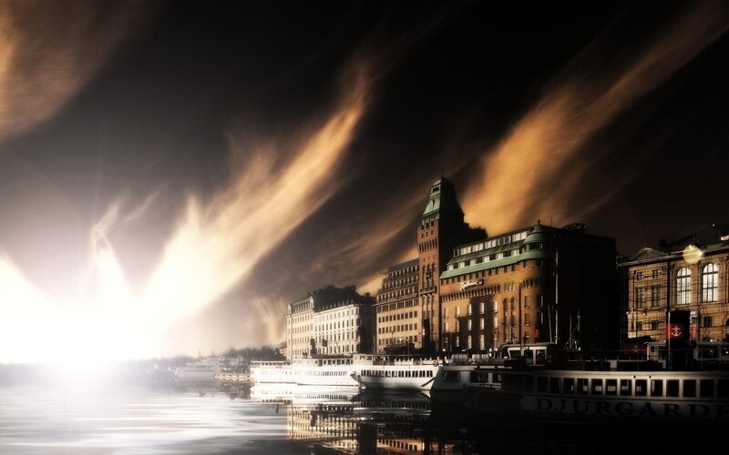 dramatic sky over city harbor