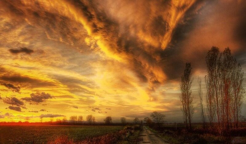 Dramatic Sky over Field — Orange, Sunset, Photograph