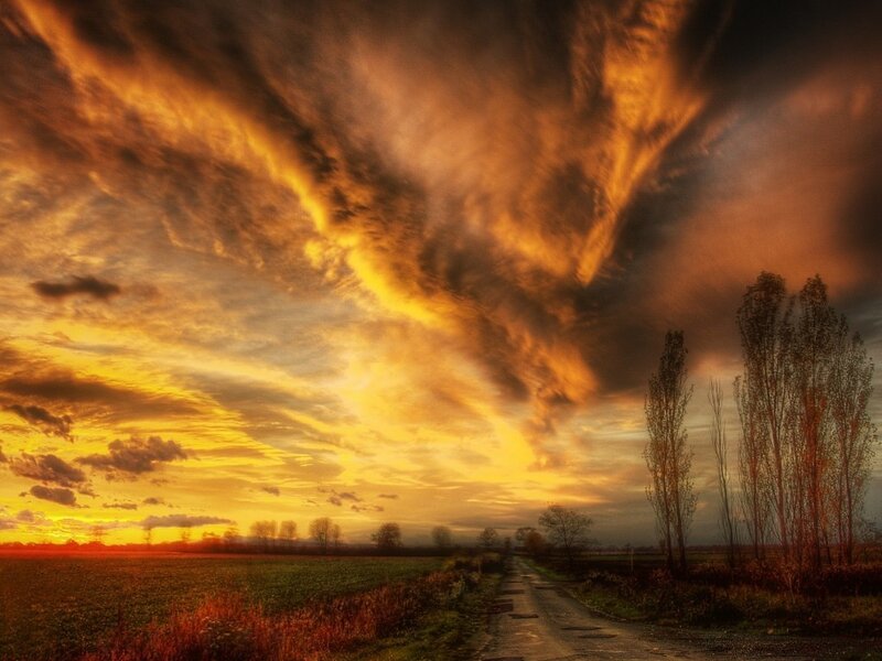 Dramatic Sky over Field — Orange, Sunset