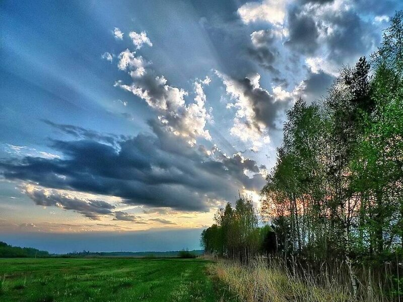 Dramatic sky over green field
