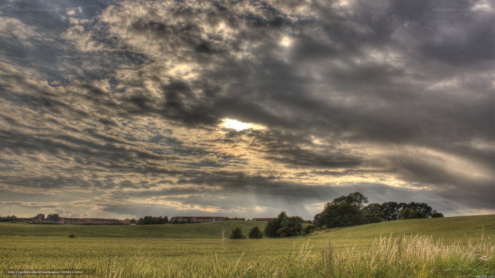 Dramatic sky over green fields