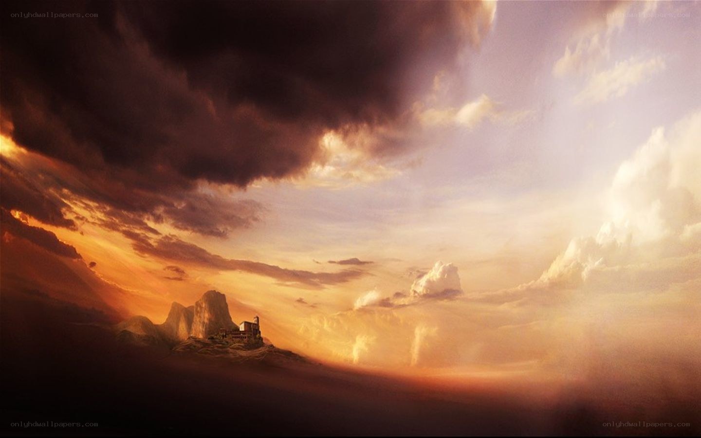 dramatic sky over mountain castle