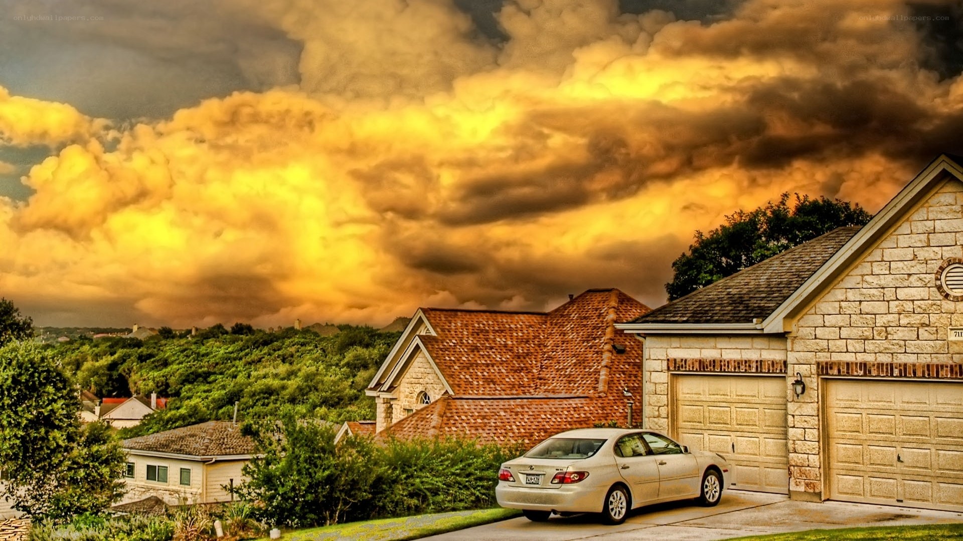Dramatic sky over suburban home