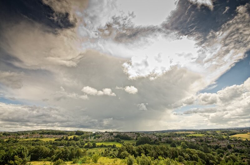 dramatic sky over village