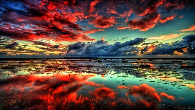 Dramatic Sky over Wet Beach — Red, Sunset