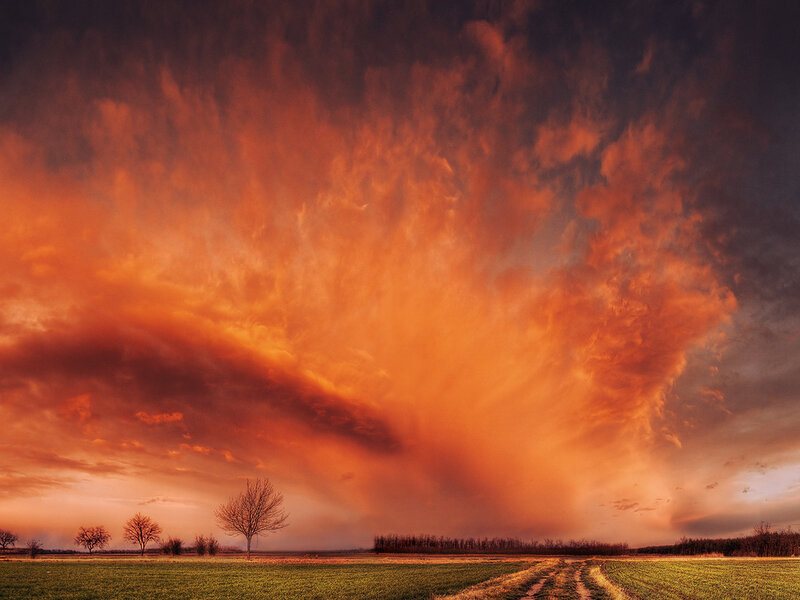 Dramatic Storm Clouds — Orange, Sunset, Photograph, Field, Trees, Sky, Red