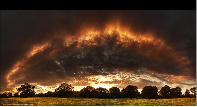 Dramatic Storm Clouds — Orange, Sunset, Photograph, Field, Trees, Sky