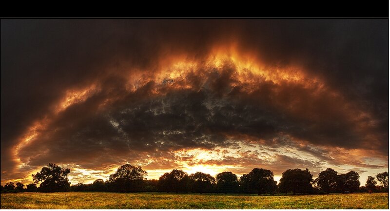Dramatic Storm Clouds — Orange, Sunset, Photograph, Field, Trees