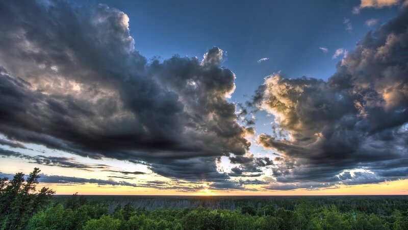 dramatic storm clouds over forest