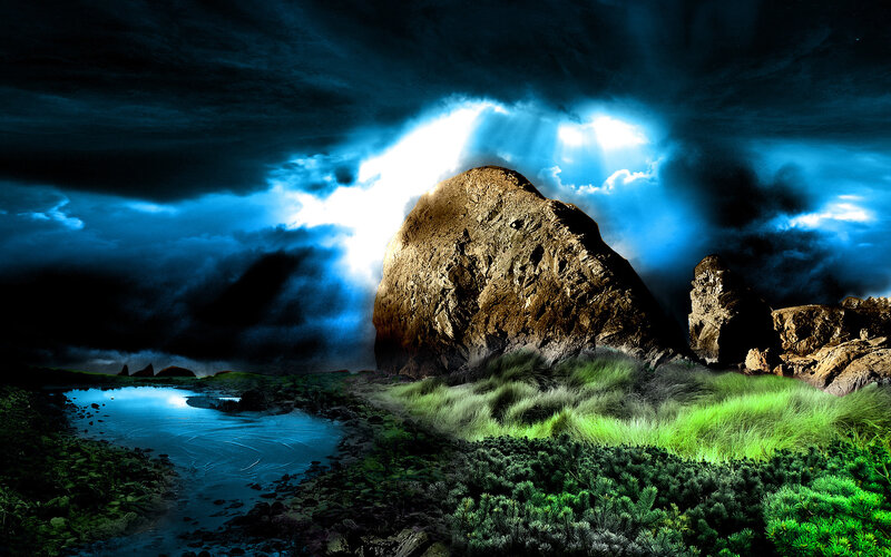 Dramatic storm over rocky landscape