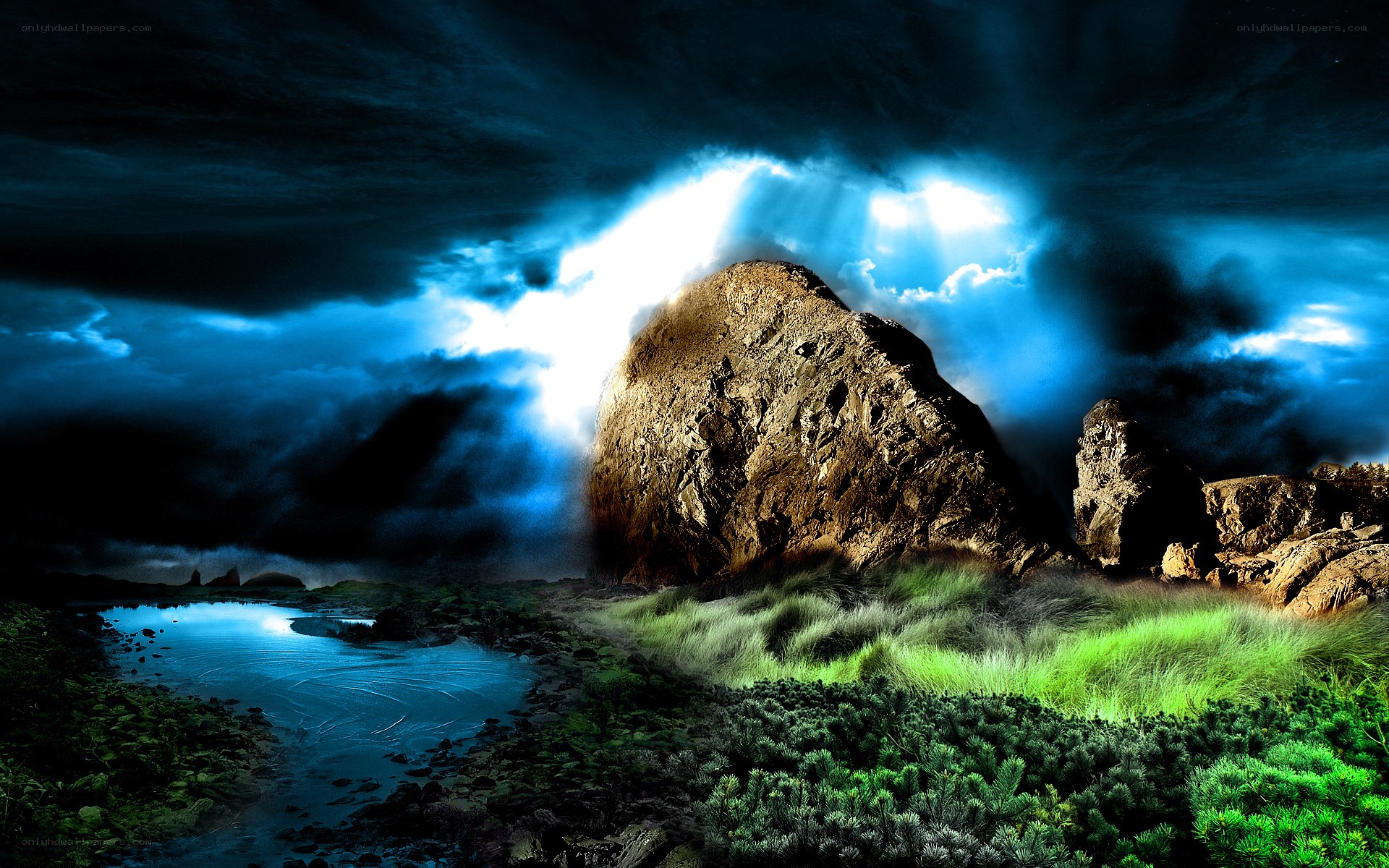 Dramatic storm over rocky landscape