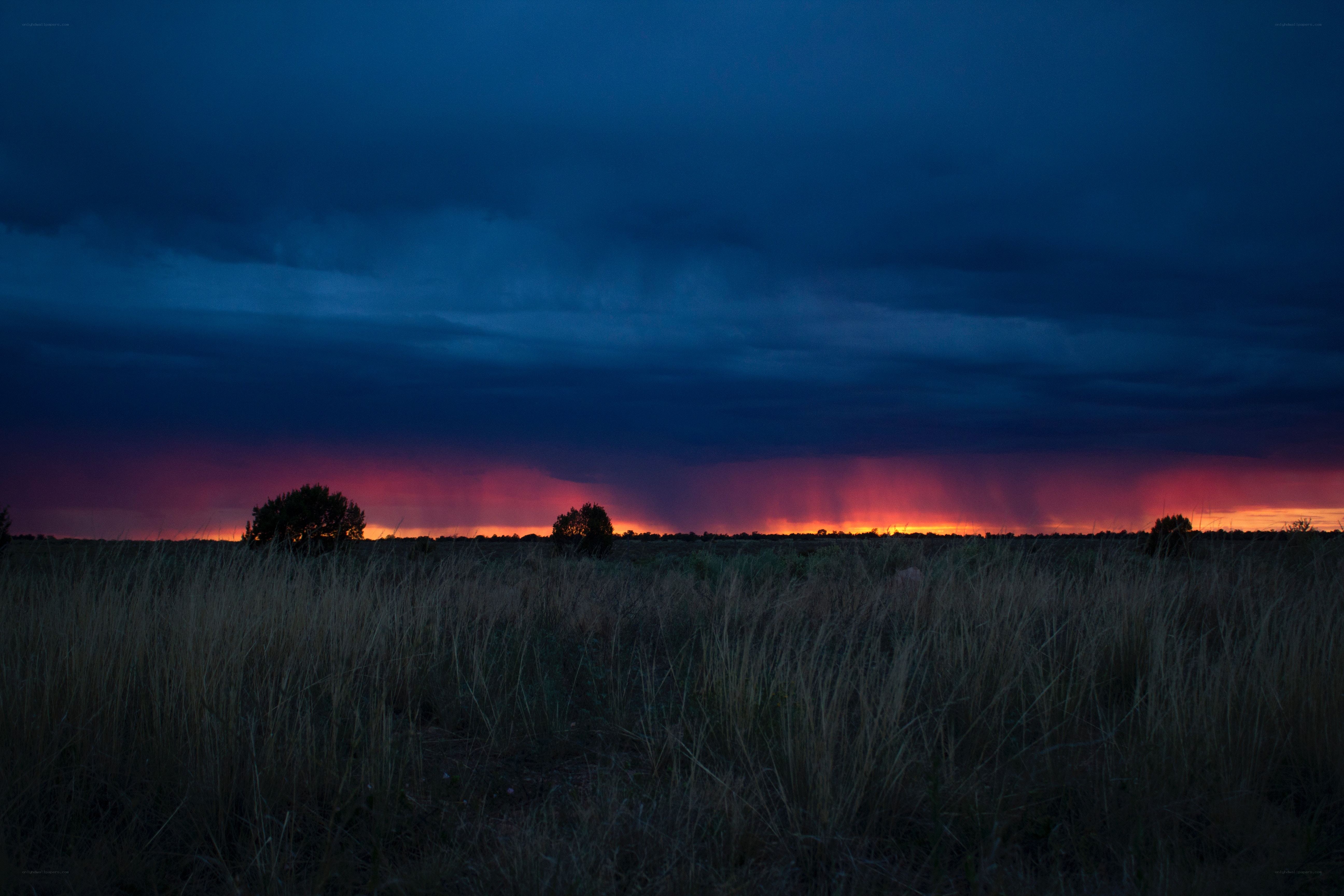 Dramatic stormy sunset over grassland