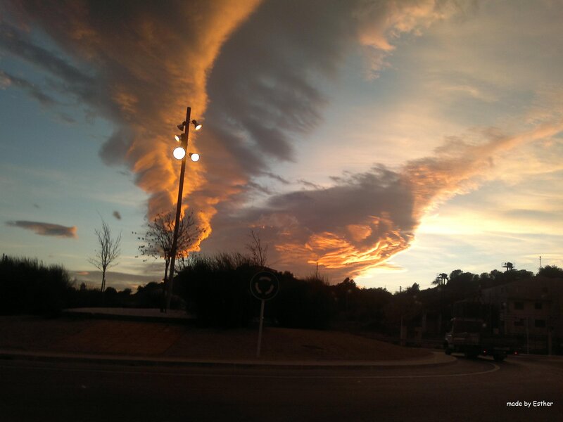 Dramatic Sunset Clouds — Orange, Photograph, Street Light