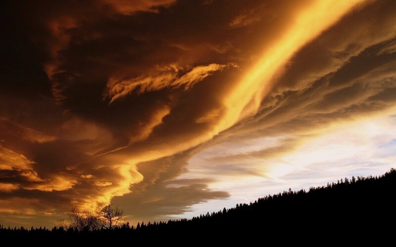 Dramatic Sunset Clouds — Orange, Photograph, Trees, Sky, Yellow