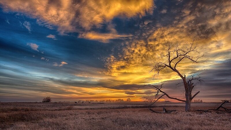 Dramatic sunset over a barren field