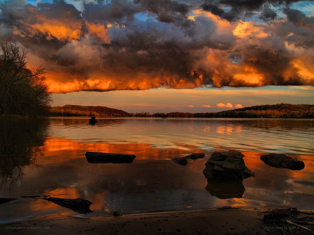 Dramatic sunset over a calm lake