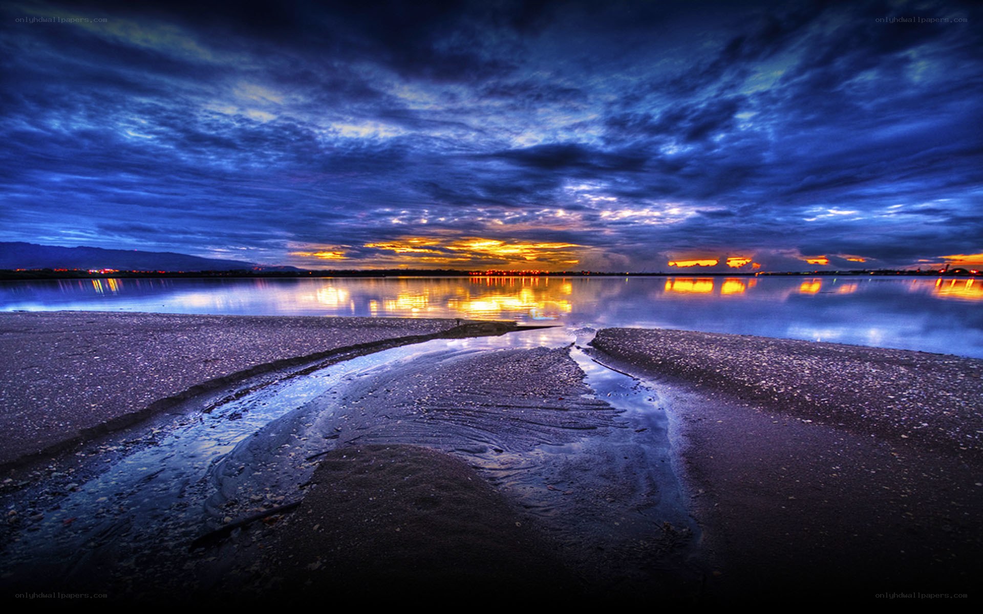 Dramatic sunset over a calm lake