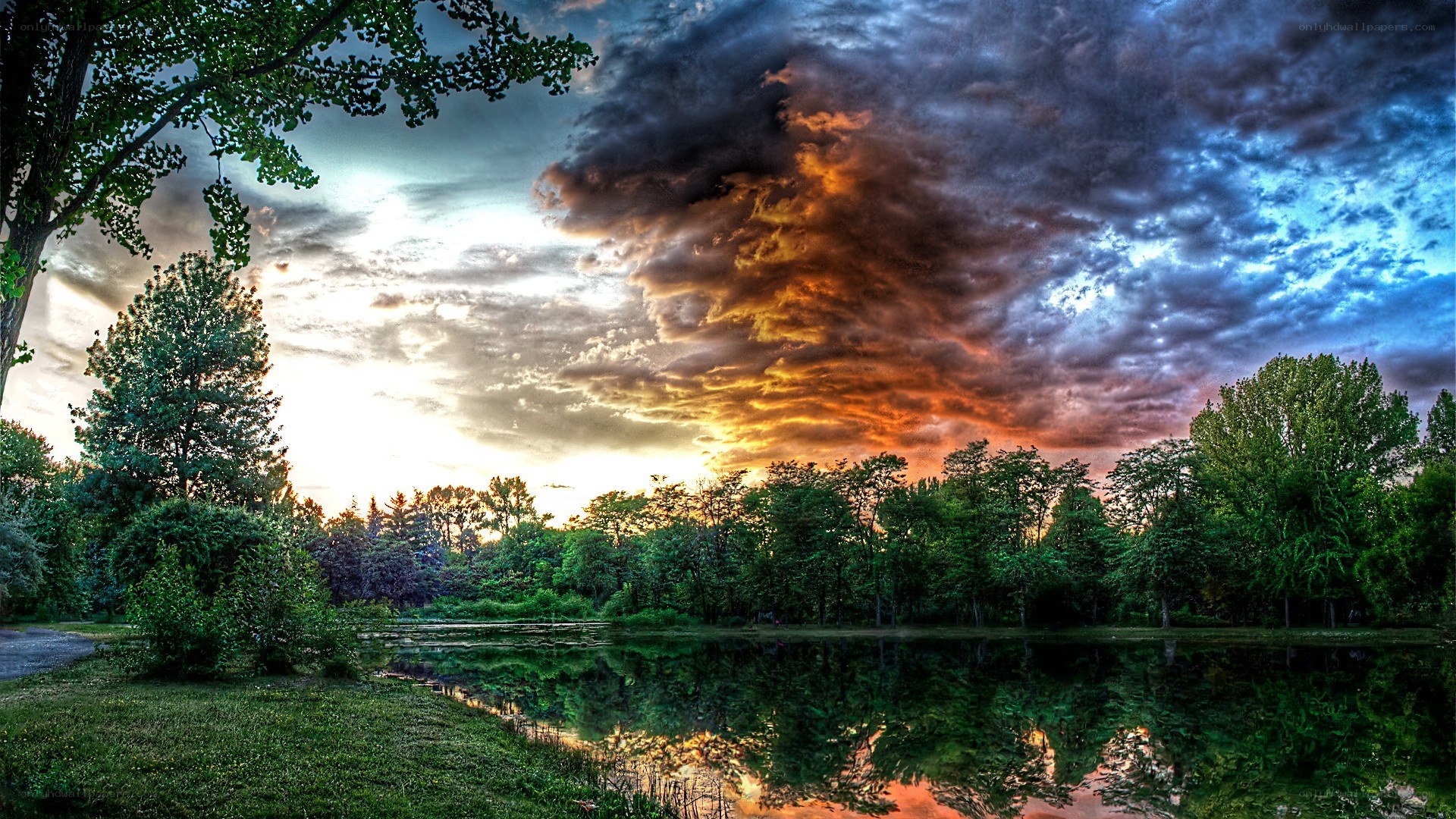 dramatic sunset over a lake