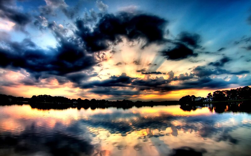 dramatic sunset over a lake