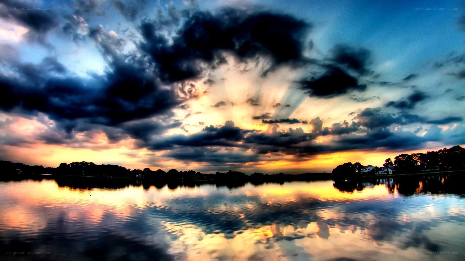 dramatic sunset over a lake