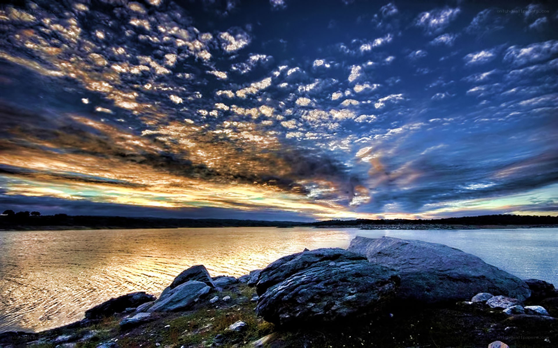 dramatic sunset over a lake