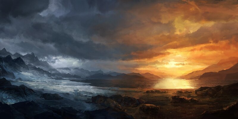 dramatic sunset over icy coast
