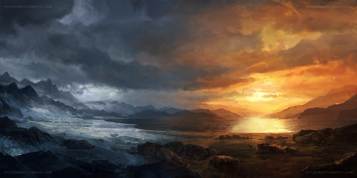 dramatic sunset over icy coast