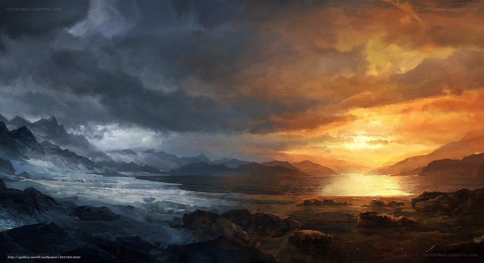 dramatic sunset over icy coast