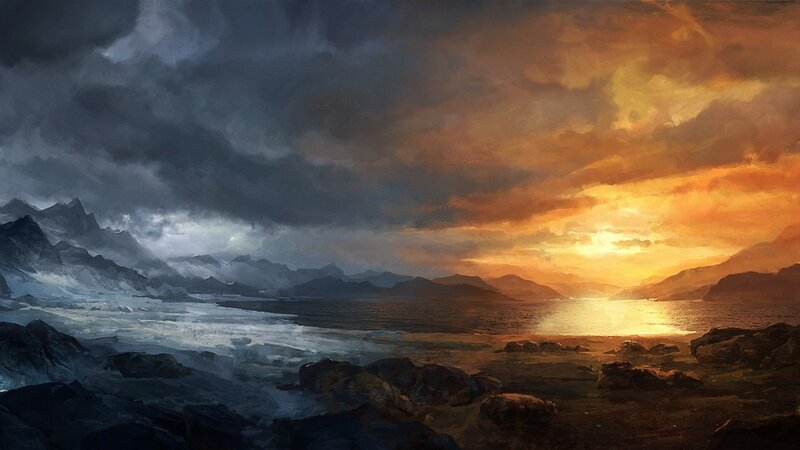 dramatic sunset over icy landscape