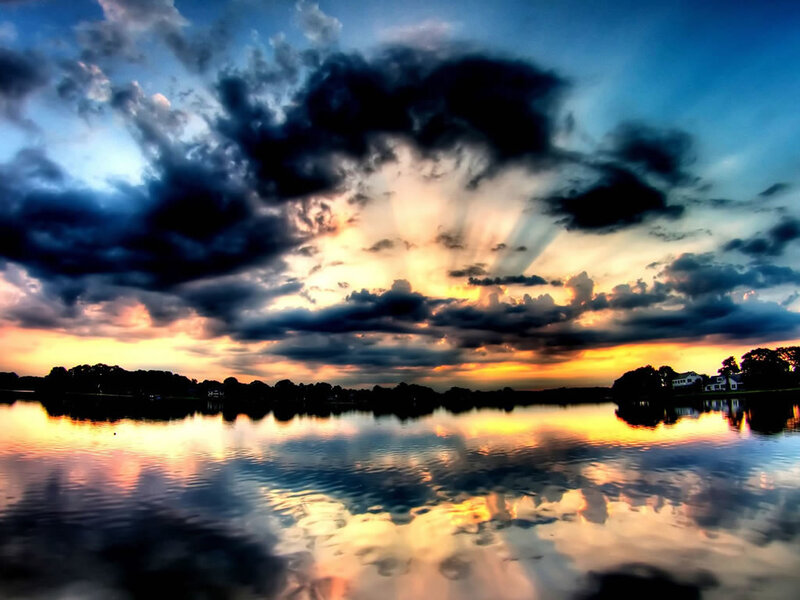 dramatic sunset over lake