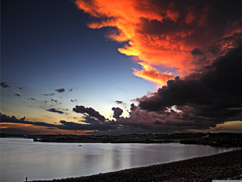 Dramatic Sunset over Lake — Orange, Photograph, Clouds