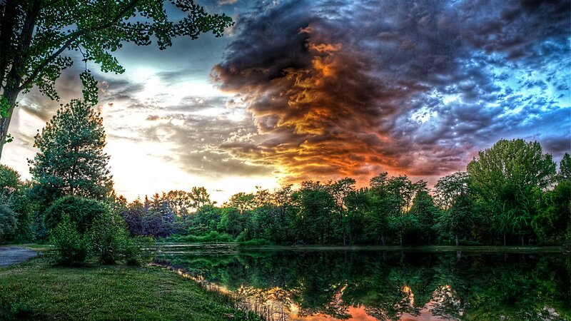 Dramatic Sunset over Pond — Blue