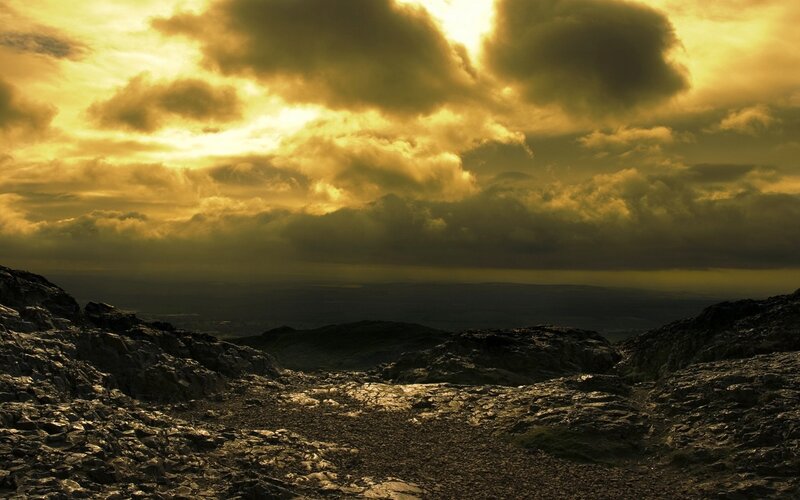 dramatic sunset over rocky terrain