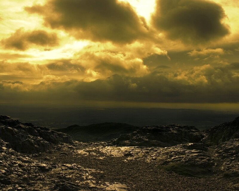 dramatic sunset over rocky terrain
