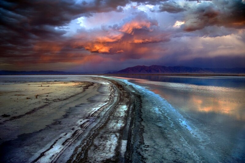 Dramatic sunset over salt flats