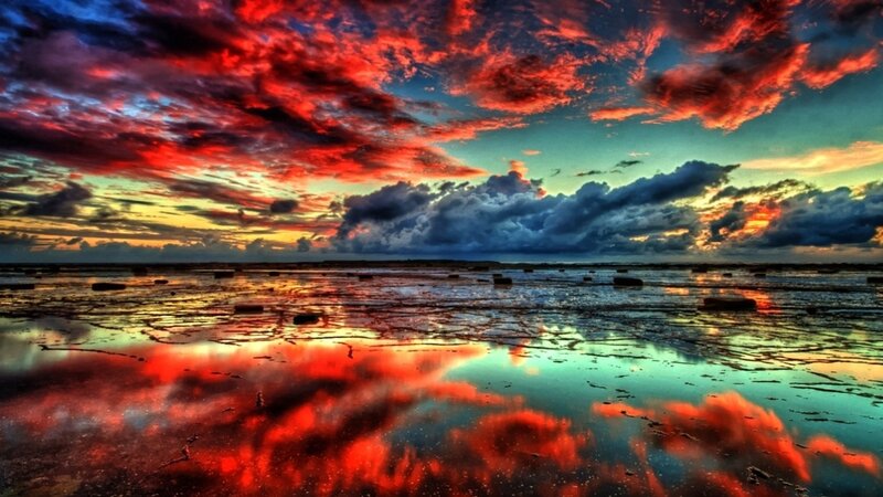 Dramatic Sunset over Water — Red, Photograph, Clouds