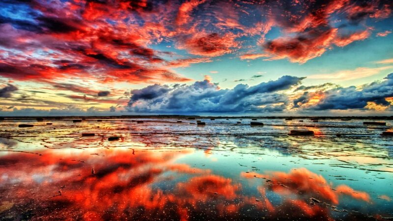 Dramatic Sunset over Wet Beach — Red