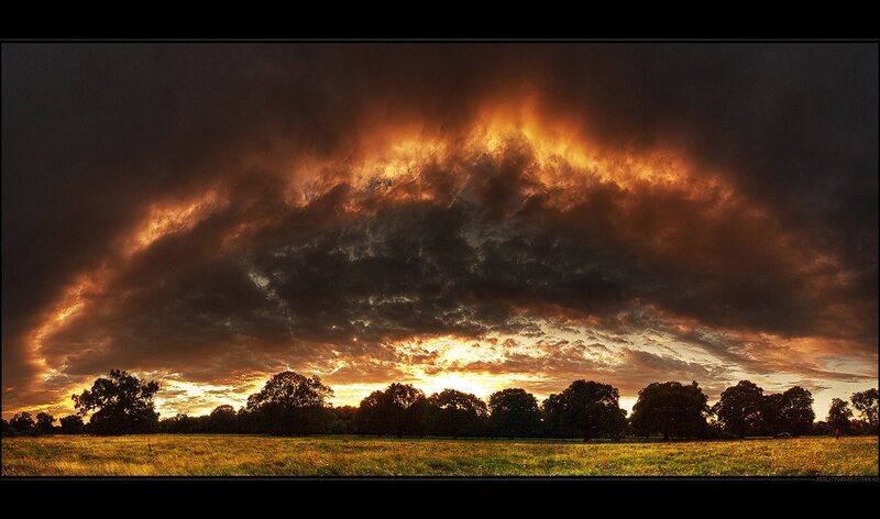 Dramatic Sunset Sky — Orange, Photograph, Clouds, Trees