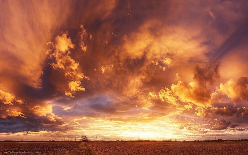 Dramatic Sunset Sky — Orange, Photograph, Field, Clouds