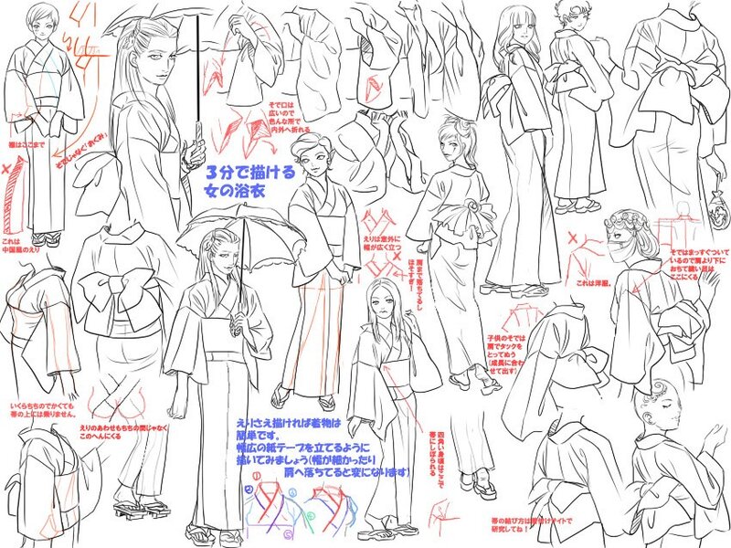 Drawing guide for Japanese kimono