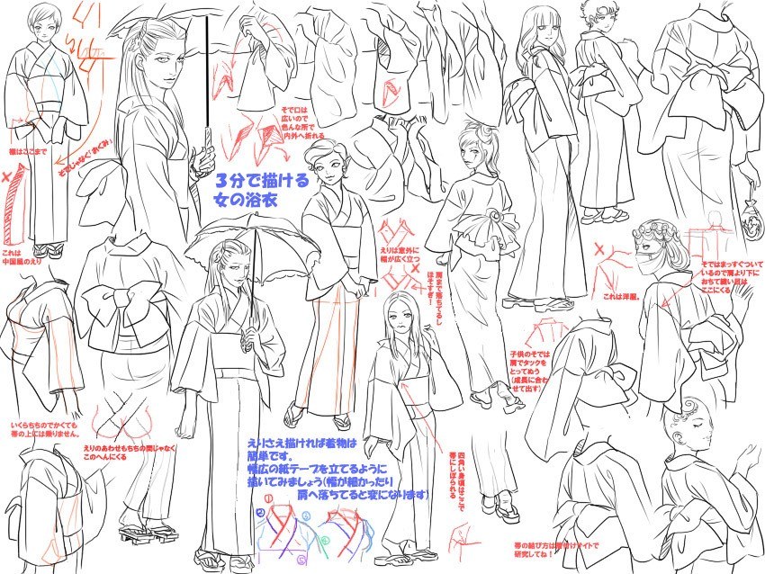 Drawing guide for Japanese kimono