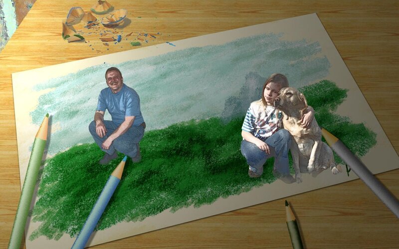 Drawing of people with dog