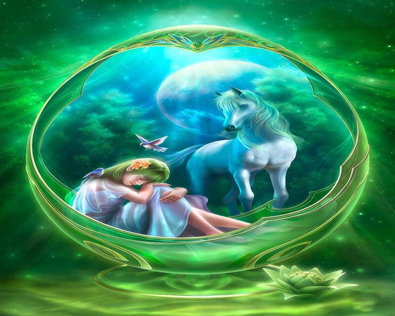 Dreaming girl with white horse
