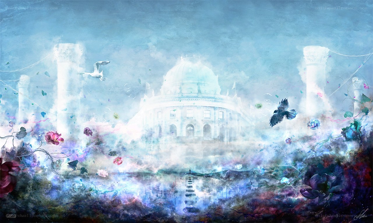 dreamlike cityscape with flowers