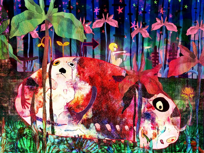 Dreamlike forest with giant creature