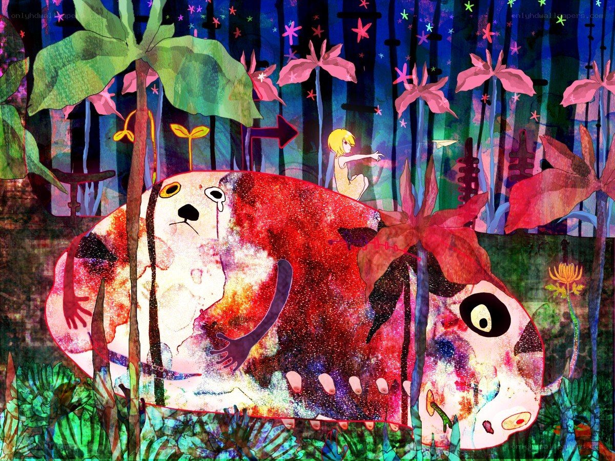 Dreamlike forest with giant creature